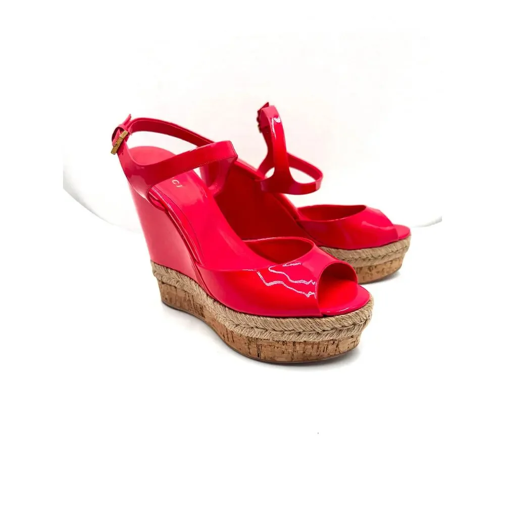 Gucci Coral Red Patent Leather Holie Wedge Sandals Designer Luxury Heels EU 37